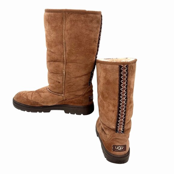 UGG ULTIMATE TALL BRAID CHESTNUT BROWN BOOTS SHEARLING LINED SUEDE - 7 - Picture 1 of 12